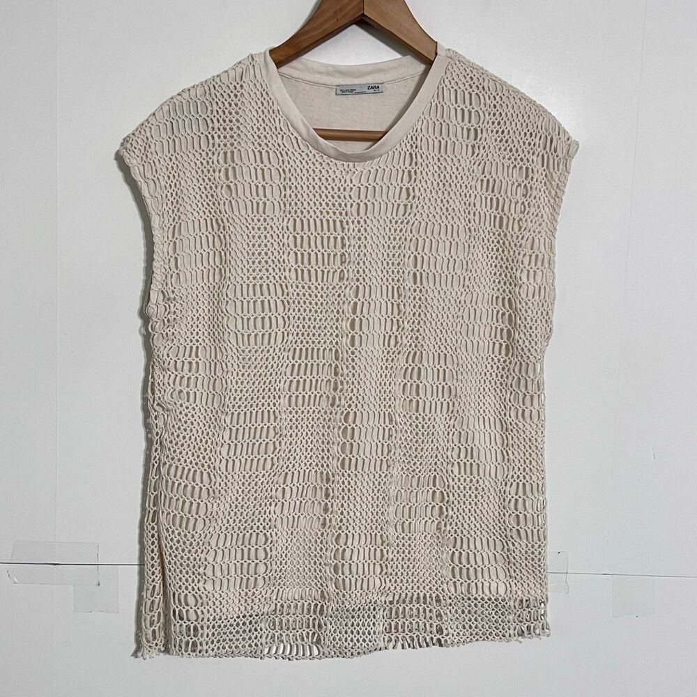 Zara Womens Beige Cream Fishnet Top Size S Mesh Sleeveless Style Vest
